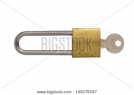 hinged lock with a key isolated on white background