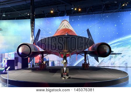 Kalamazoo, MI, USA - June 23, 2016: Lockhhed SR-71B Blackbird on display at the Air Zoo Museum in Kalamazoo, Michigan