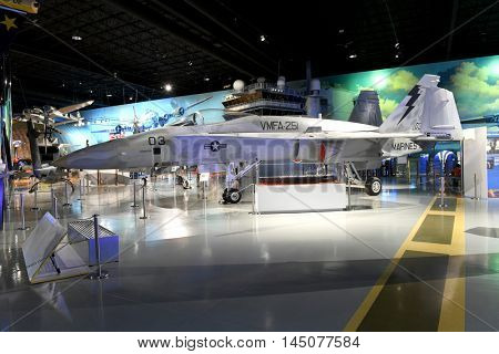 Kalamazoo, MI, USA - June 23, 2016: McDonnell Douglas F/A-18 Hornet on display at the Air Zoo Museum in Kalamazoo, Michigan
