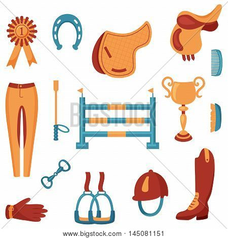 vector set of icons related to equestrian sport on isolated background