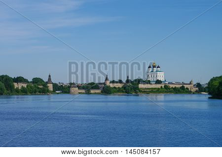 Panorama View From Volhov River Of Trinity Cathedral, The Bell Tower And The Walls And Tower Of Psko