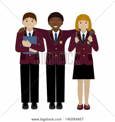 Group of school girl and boy in uniform, Teenager multiracial children isolated on white flat vector illustration, Classmates, friends concept