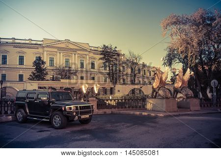 St. Petersburg, Griboyedov Canal Embankment, Russia, August 31, 2016 Hummer H3 on the waterfront in St. Petersburg, the Hmmer X3 is a compact four wheel drive off road and sport utility vehicle