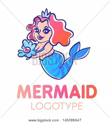 Cute cartoon chubby smiling mermaid with long red curly hair holding pearl in an open shell logotype.Curvy happy water nymph illustration.Child style kind undine logo. Water fairy showing marine gift.