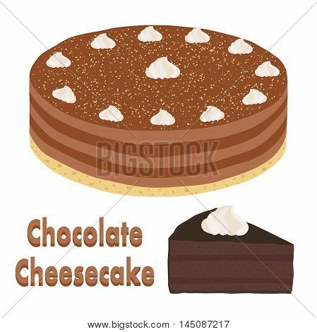 Set of whole chocolate pie and slice of cheesecake. Cacao, coffee or chocolate cake in flat cartoon style. Vector illustration.