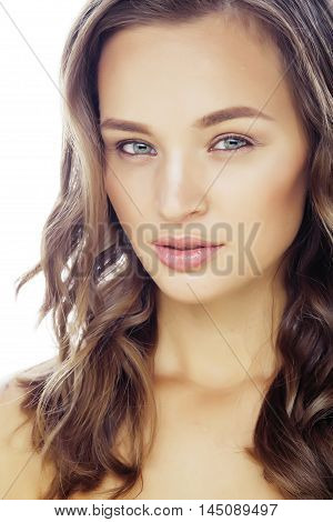 young sweet brunette woman close up isolated on white background, perfect pure innocense, natural makeup