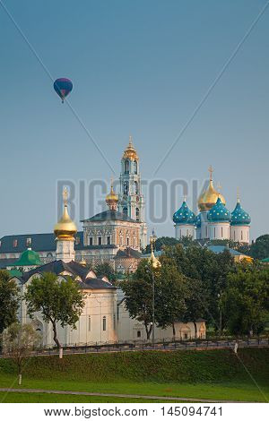 Hot Air Balloon Over The Orthodox Monastery. Sergiev Posad, Russia