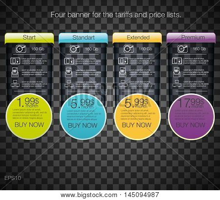 Four banner for the tariffs and price lists. Web elements. Plan hosting. Vector design for web app. Transparent style.