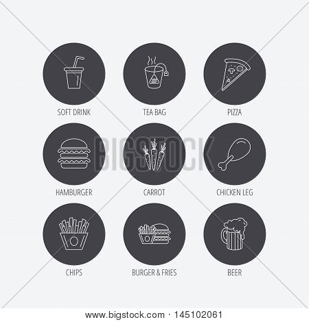 Hamburger, pizza and soft drink icons. Beer, tea bag and chips fries linear signs. Chicken leg, carrot icons. Linear icons in circle buttons. Flat web symbols. Vector