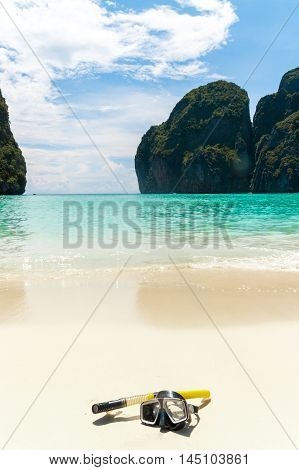 Swimming Mask On White Sand On Beach, Closeup