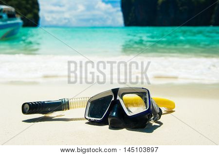 Swimming Mask On White Sand On Beach, Closeup