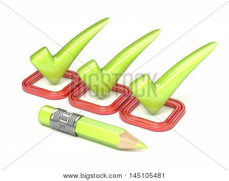 Three green correct check mark in red square. 3D render illustration isolated on white background