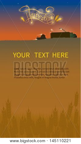 Harvesting, machinery harvester, tractor, vector design web banner . New harvest, grain growing concept. title and text layout