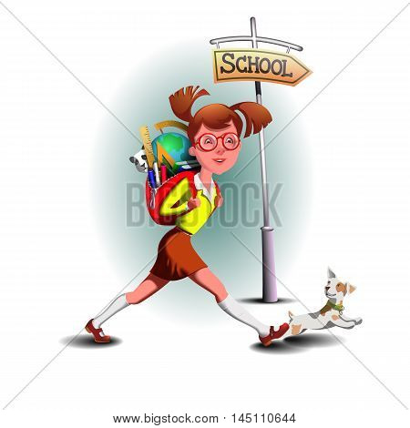 the cheerful girl hurries in school she has a school bag backpack . The bag is full school supplies. Near her her dog runs