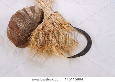 bunch of mown wheat ears with vintage handmade reaper hook sickle and rye dark french fresh bread loaf on white linen tablecloth