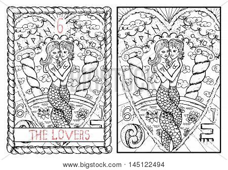 The lovers. The major arcana tarot card, vintage hand drawn engraved illustration with mystic symbols. Mermaid girl and boy in love hugging each other against background of clouds and pull with lotus