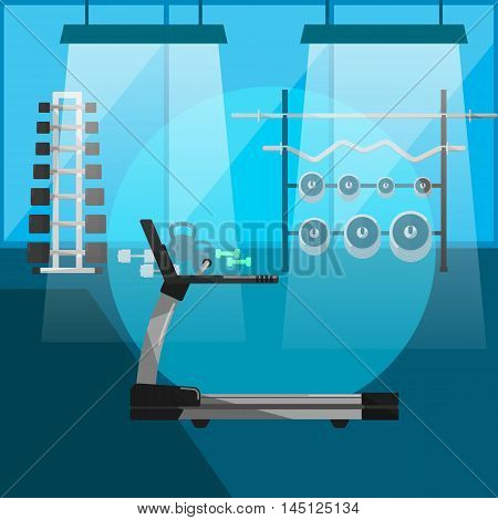 Vector illustration treadmill in gym interior with sports equipment. Fitness training space. Cardio running exercise. Active sport lifestyle background. Gym without people. Bodybuilding concept