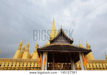 Wat Phra That Luang in Vientiane. Buddhist temple. Famous tourist destination in Asia.