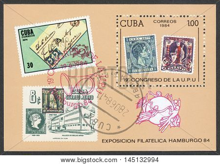 MOSCOW RUSSIA - CIRCA AUGUST 2016: a stamp printed in CUBA dedicated to the XIX Congress of UPU circa 1984