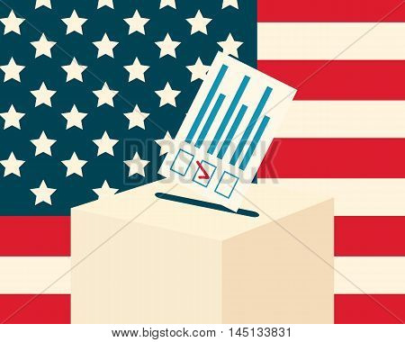 USA election concept. Voting paper and a ballot box with american flag on a background, flat design, vector illustration