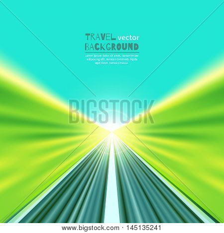 Travel concept background - road in blooming spring meadow on sunset.Abstract motion blurred road