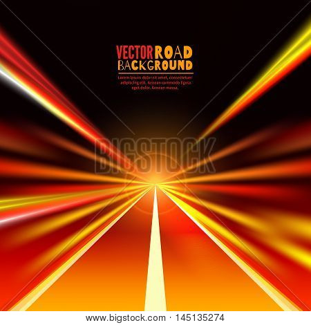 Travel concept background - road in blooming spring meadow on sunset.Abstract motion blurred road