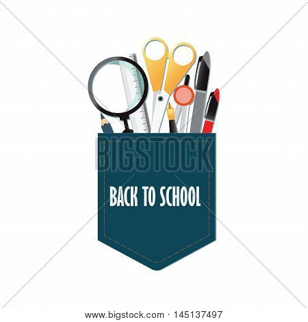 Pocket of Back to school conceptual with office supplyPencils Pens Rulerscissor dividers and magnifying glass isolated on white vector illustration.