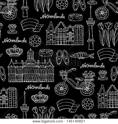 Vector seamless pattern with hand drawn symbols of Netherlands on black color. Pattern on the theme of travel and tourism. Background for use in design packing web site fabric