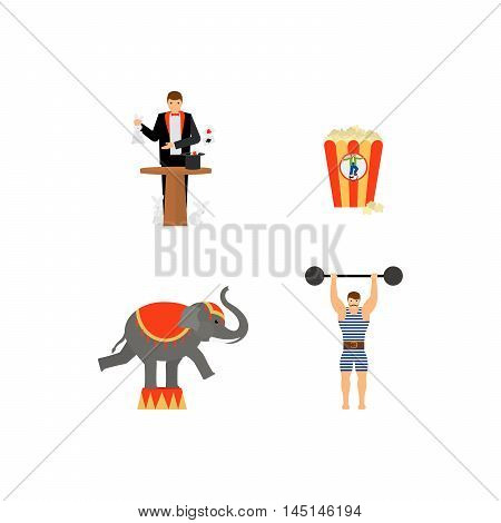 Circus vector flat colored icons set with elephant and magician