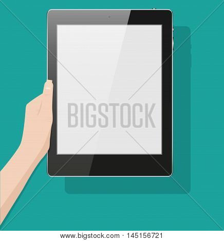 Hand touching screen of black tablet computer on green background with shadows. Vector illustration in flat design.