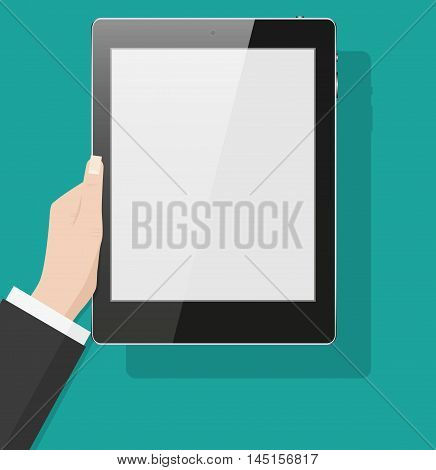 Hand touching screen of black tablet computer on green background with shadows. Vector illustration in flat design.