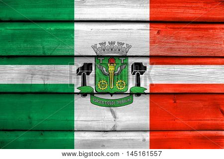 Flag Of Osasco, Brazil, Painted On Old Wood Plank Background