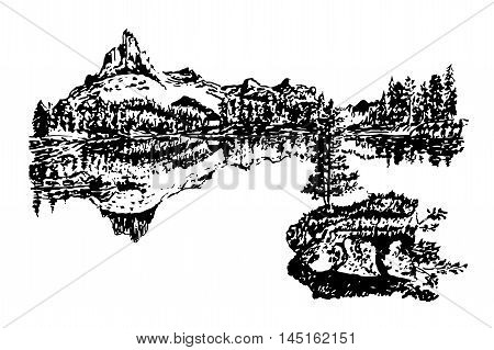 picture landscape, island and forest on a beautiful mountain lake, sketch hand drawn vector illustration
