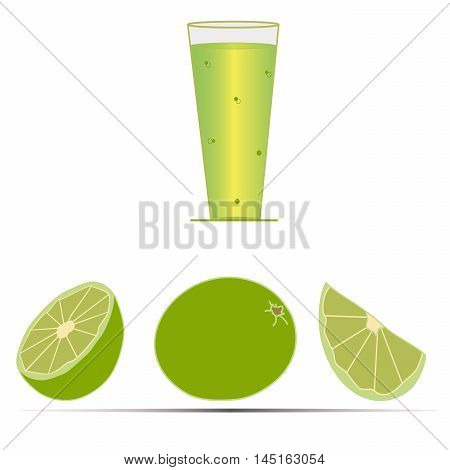 Vector illustration logo for a half piece of lime. Isolated the drawing, consists of a glass of green juice,round fruit