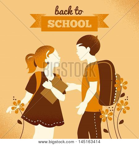Vintage students background. School boy and girl. Back to school illustration