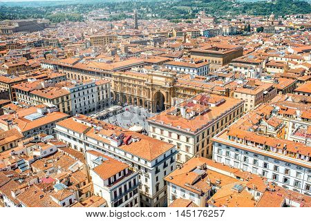 Top view on Republic square with Arcone palace in Florence