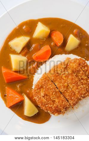 Japanese cuisine rice with deep fried pork and curry sauce with potatoes and carrots in ceramic dish