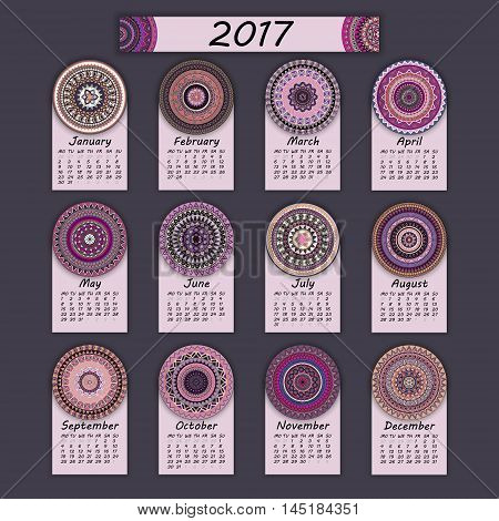 Calendar 2017. Vintage Decorative Colorful Elements. Ornamental Floral Oriental Pattern, Vector Illu