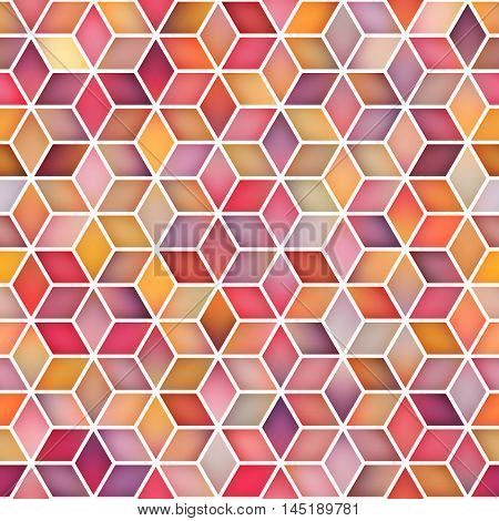 Vector Seamless Multicolor Pink Shades Gradient Cube Shape Rhombus Grid Pattern. Abstract Geometric Background Design