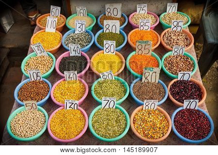 Variety of dal and crops in Indian market