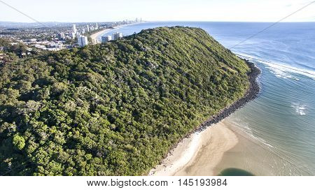 Aerial view of Burleigh Headland National Park, and surrounds. Gold Coast, Australia