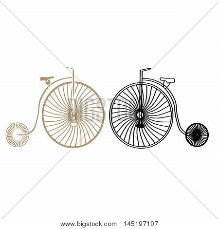 Two retro bicycles with the big front and small rear wheels.Designed for speed,movement,trips.Consists of seat,handlebar,spokes,frame,pedals,the iron transport.Vintage,sports,healthy way of life,arts.