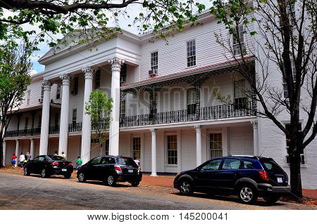 Old Salem North Carolina - April 21 2016: 1849 Belo House with its stately columned portico *