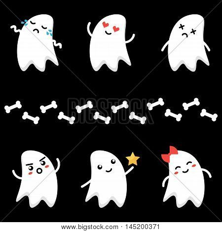 Cute little cartoon ghosts characters with different facial expressions. Emoji set, collection on dark background.