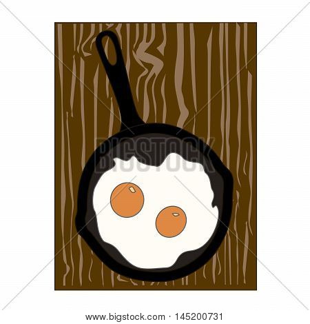 Abstract vector illustration of logo for eggs cooked in a frying pan on wooden Board