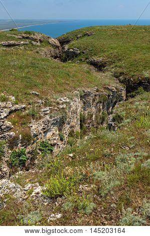 Deep cracks Opuk mountains. Opuksky Reserve is located on the southern coast of Kerch Peninsula.