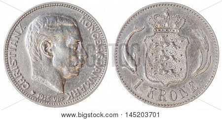 1 Krone 1915 Coin Isolated On White Background, Denmark