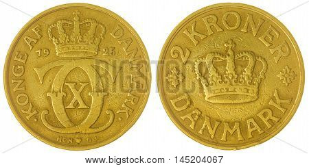 2 Krone 1925 Coin Isolated On White Background, Denmark