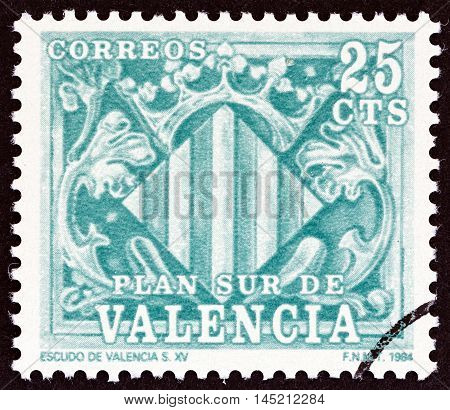 VALENCIA - CIRCA 1984: A stamp printed in Spain shows Shield of Valencia 15th century, circa 1984.