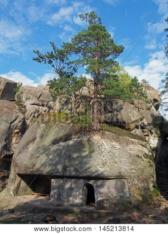 Rocky complex with caves near the village of Bubnishche in the Ukrainian Carpathians